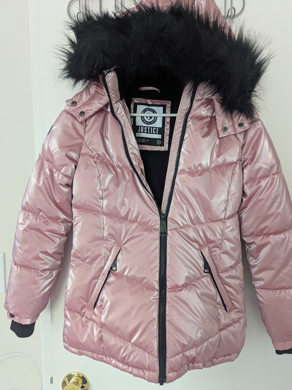 Justice Girls Puffer Jacket 12 Pink Metallic Faux Fur Hood Sherpa Lined Warm